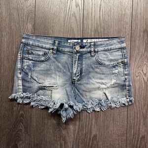 Indigo Rein Distressed Denim Shorts Size 0 Womens Light Wash Frayed Hem Y2k